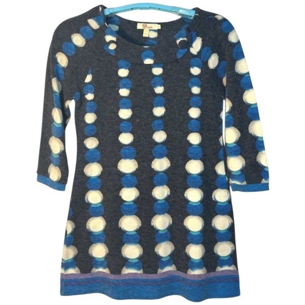 Aryeh Tunic Women Gray Blue Polka Dot Button Detail 3/4 Sleeve Retro Artsy USA L